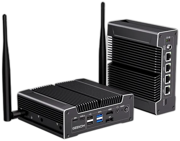 GEEKOM iX12, mini PC industrial sin ventilador con cuatro puertos Ethernet de 2,5G, ranura para tarjeta SIM y antenas, con fondo transparente