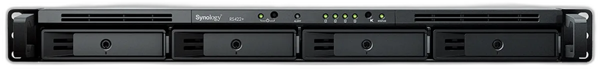 Synology RackStation RS422+, NAS de armario rack de 19 pulgadas y una unidad de altura con cuatro bahías, con fondo transparente