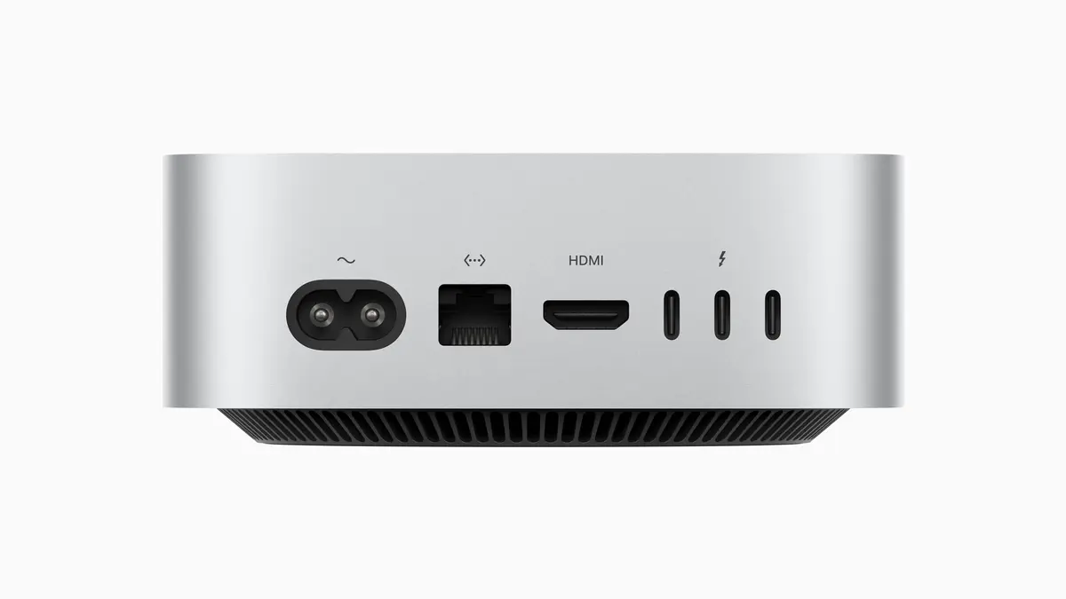 Parte trasera del Mac Mini M4 con Ethernet, HDMI y tres puertos Thunderbolt 4