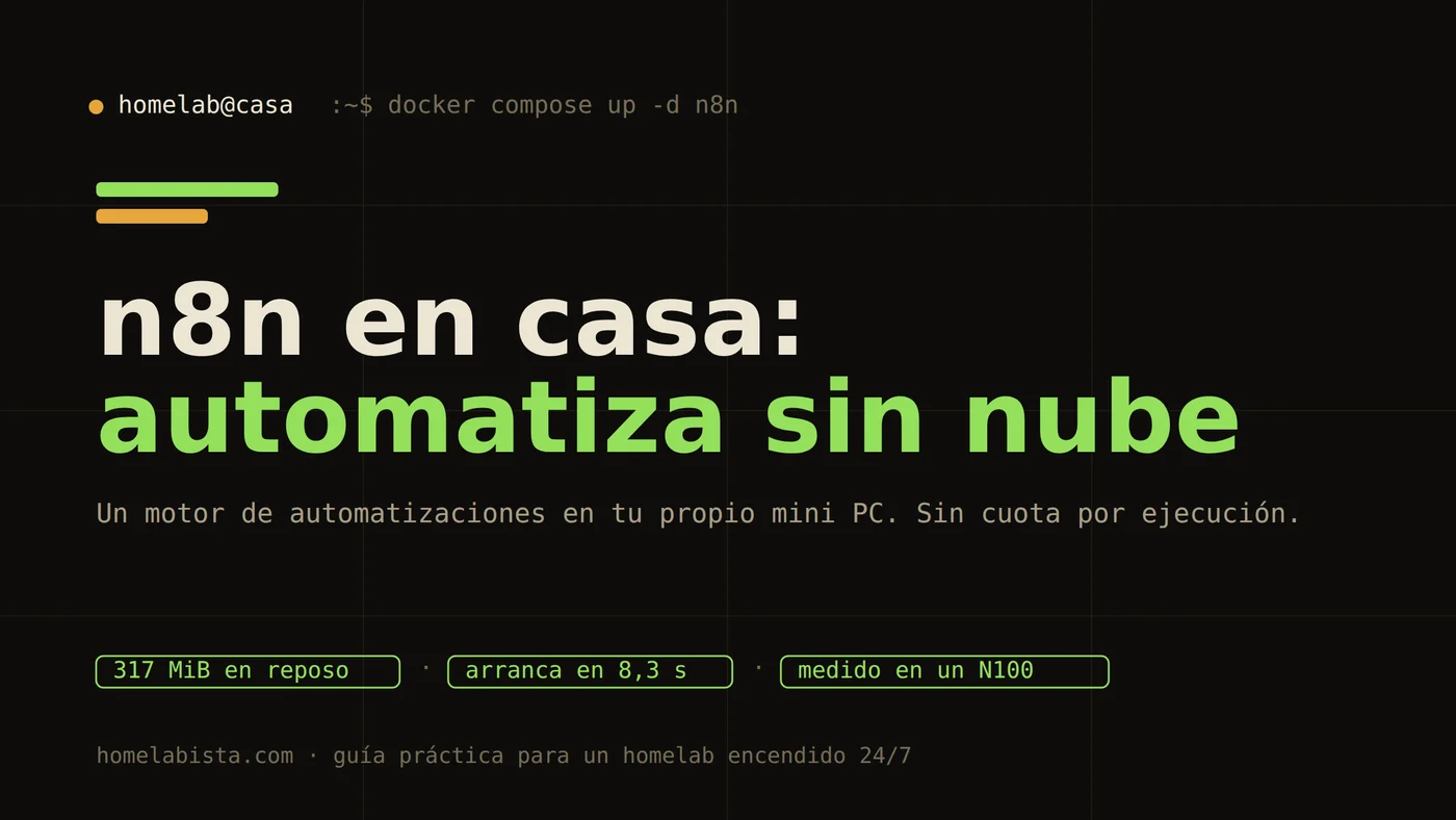 n8n autoalojado en un homelab: un motor de automatizaciones corriendo en Docker sobre un mini PC de bajo consumo, sin cuota por ejecución y sin que los datos salgan de casa