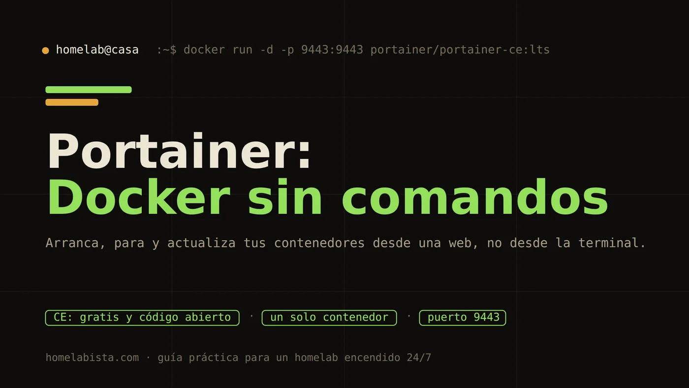 Portainer, el panel web para gestionar Docker: arrancar, parar y actualizar contenedores desde el navegador en un mini PC de homelab encendido las 24 horas