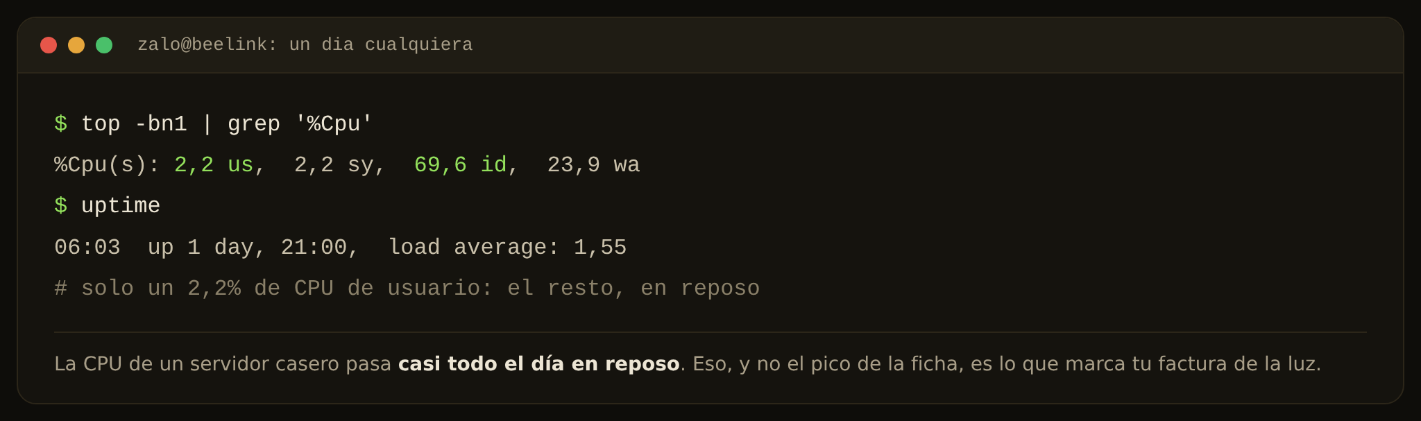 Salida de top en nuestro N100, recompuesta para que se lea: solo 2,2% de CPU de usuario, el resto en reposo